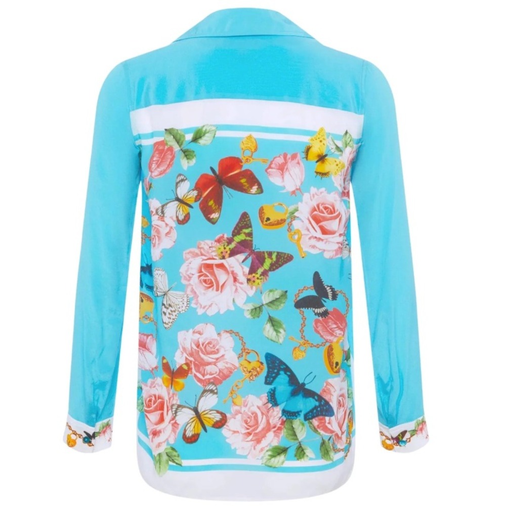 NWT L'AGENCE Gio Silk Blouse Aqua Multi Butterfly Scarf Print - XS